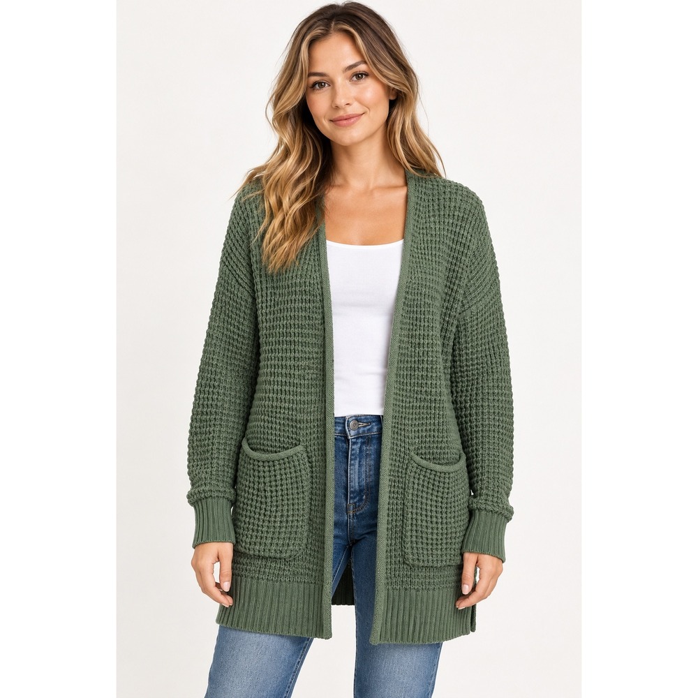 Zenana Olive Green Waffle Knit Open Front Cardigan Sweater TW-2734AB Small